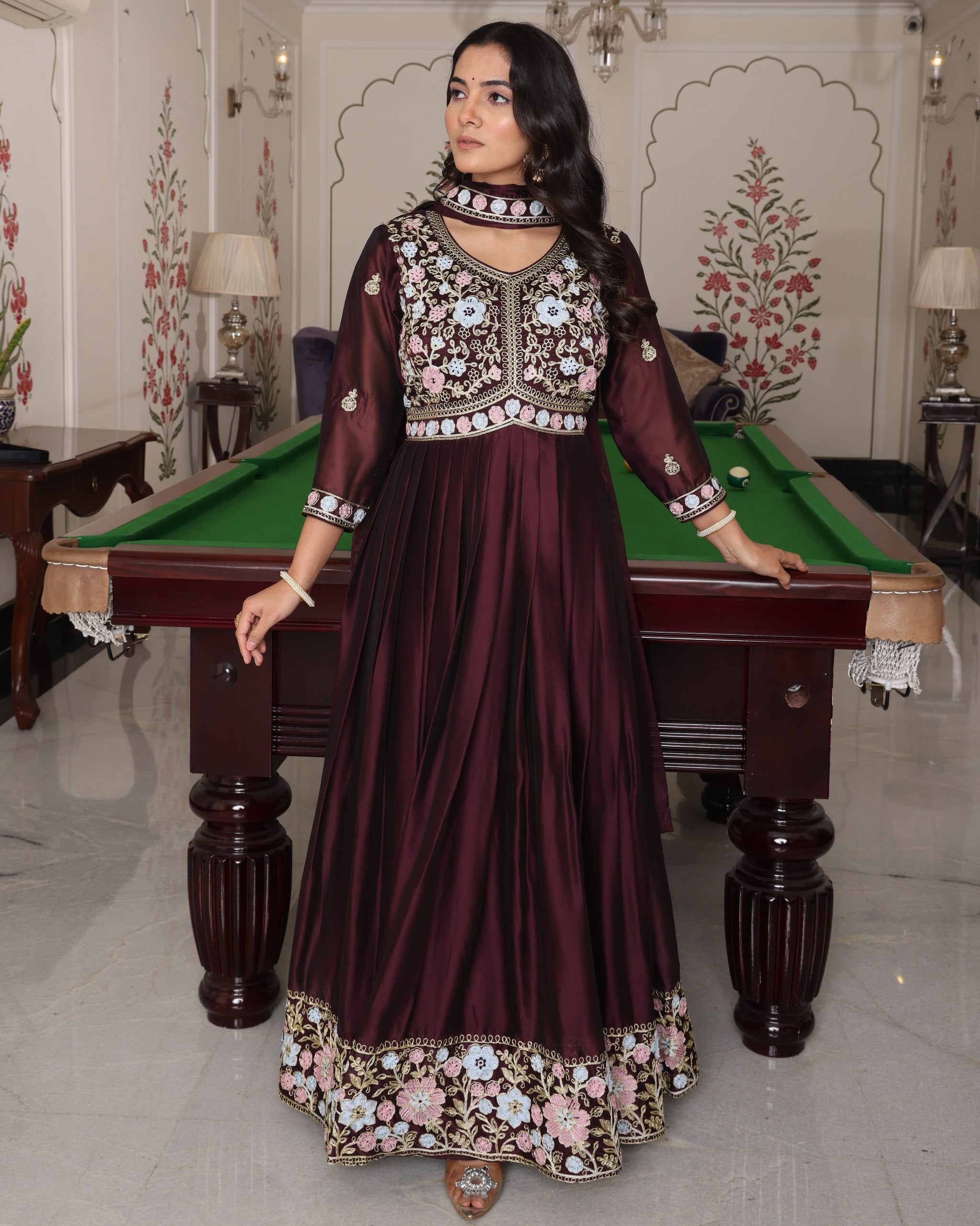 Wedding Wear Coffee Rangoli Silk Anarkali Suit Set with Dupatta