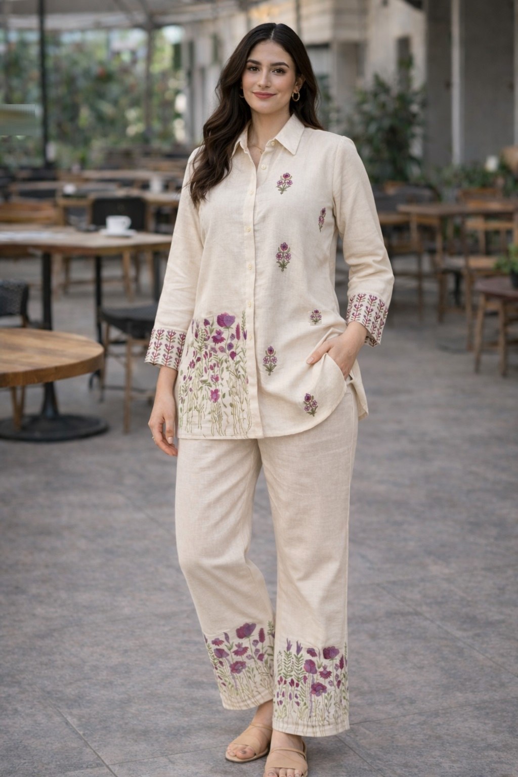 Women's Pure Cotton White Embroidered Co-Ord Set with Shirt Collar Top and Pant - Fully Stitched