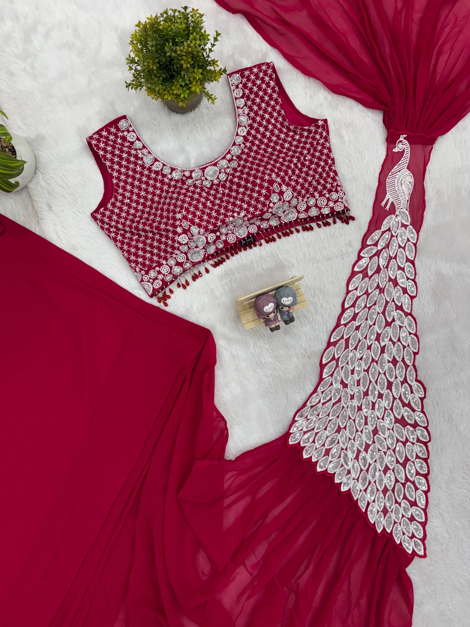 New Superhit Trending Faux Georgette Ready to Wear Saree with Fully Embroidered Stylish Blouse - Fully Stitched