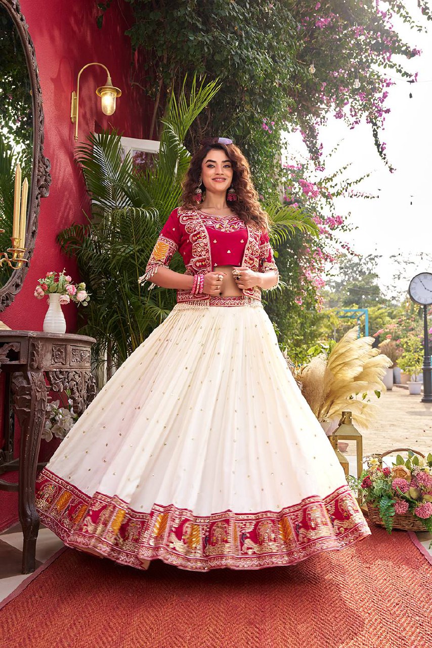 Festival Collection Pure Vichitra Lehenga Choli with Embroidered Koti - Fully Stitched