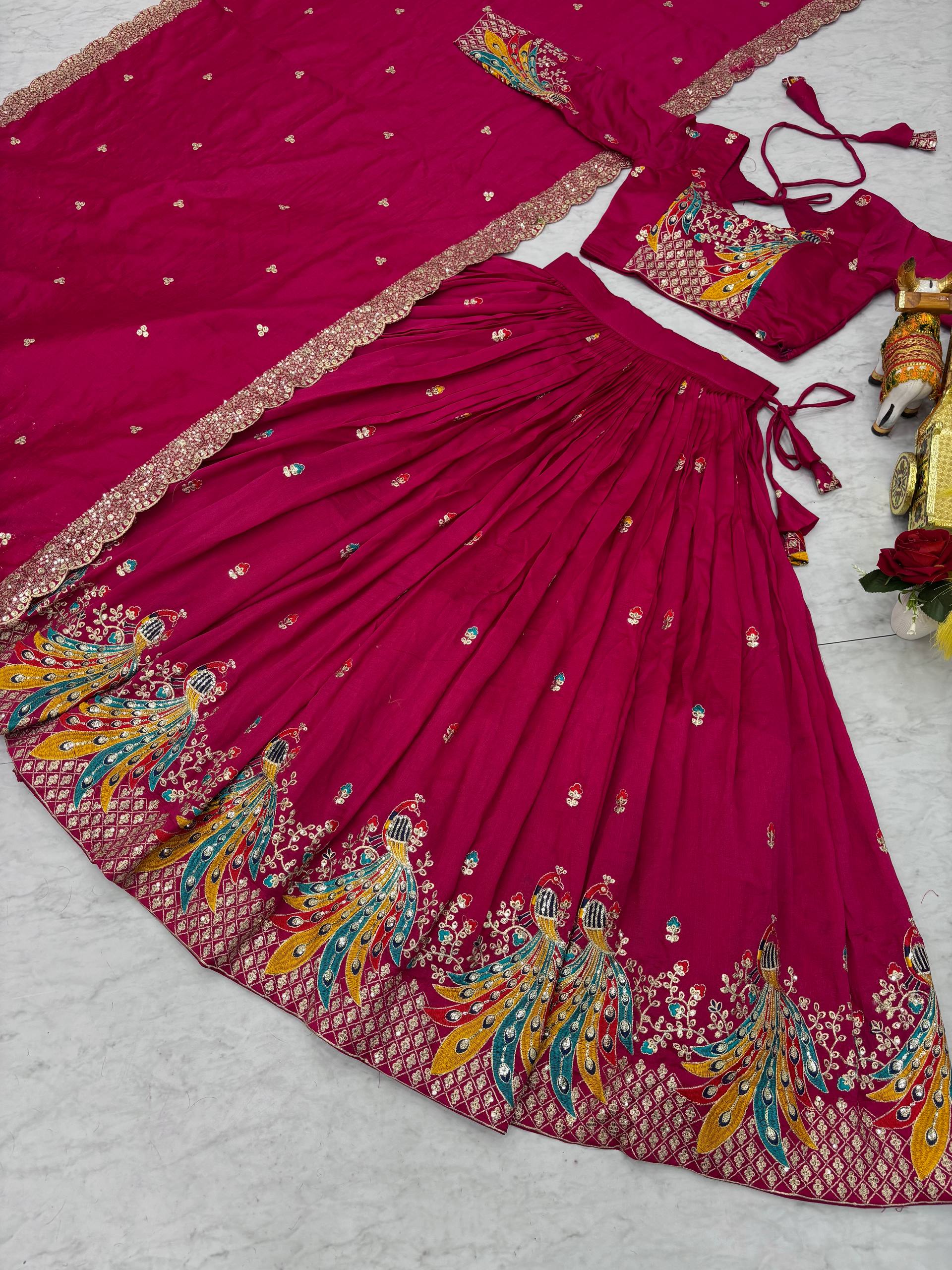 Festival Collection Vichitra Lehenga Choli with Heavy Embroidery and 3MM Sequence Work  - Fully Stitched (