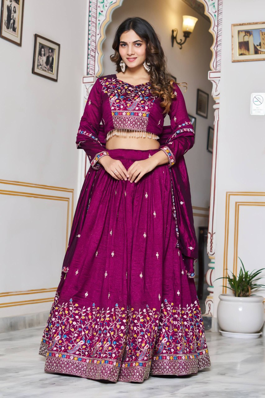 Wedding Collection Vichitra Silk Lehenga Choli with Heavy Embroidery Sequence and Beads Work - Fully Stitched
