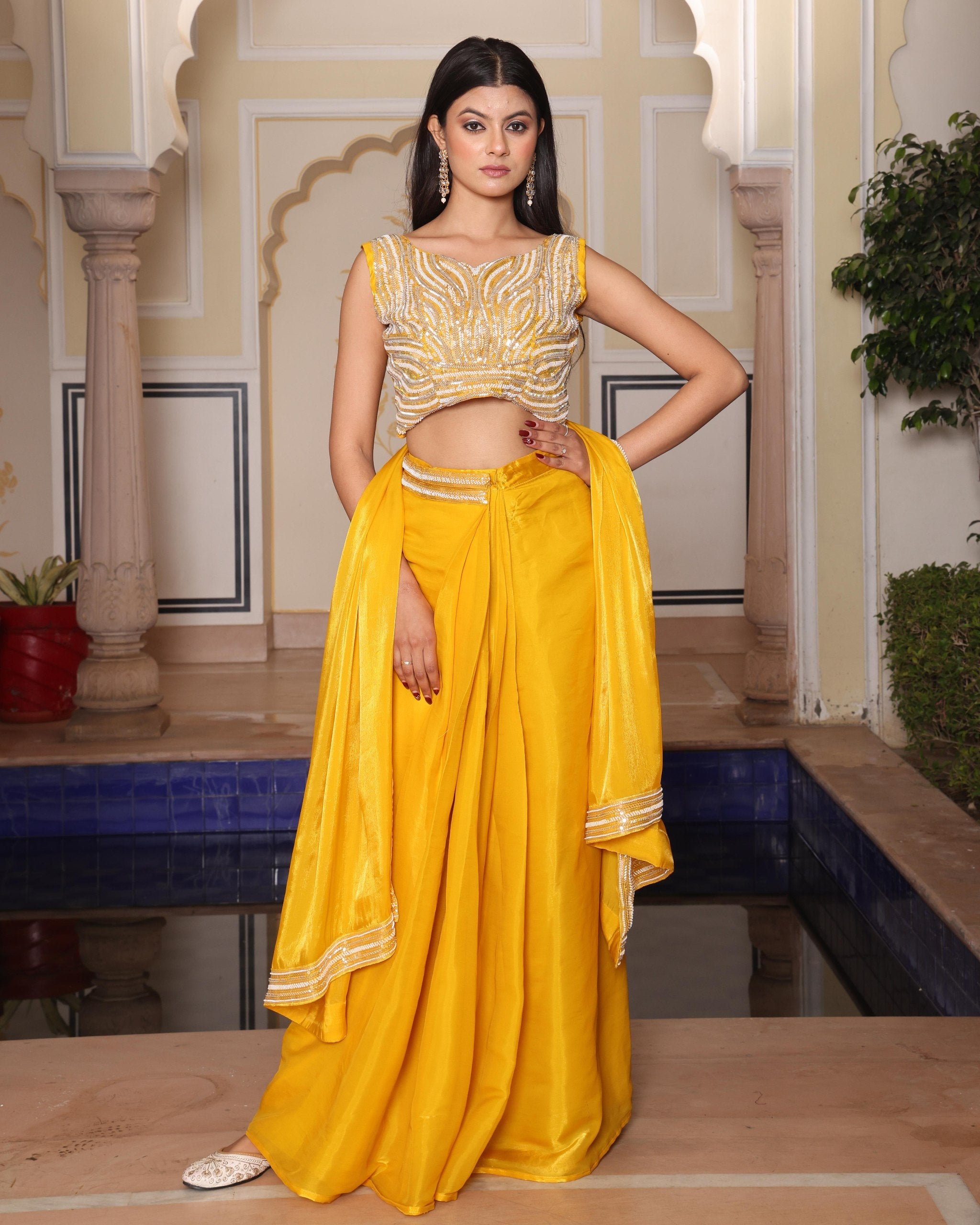 Premium Yellow Silk Indo-Western Drape Skirt Set with Heavy Hand Embroidery - Fully Stitched