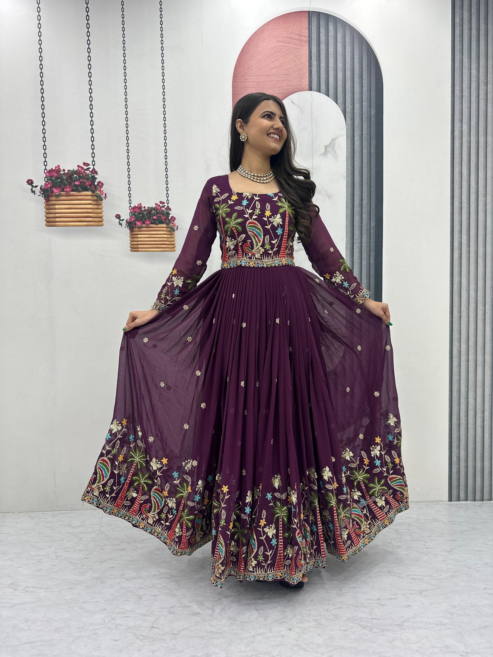 Designer Fox Georgette Embroidered Gown with Dupatta -  Fully Stitched