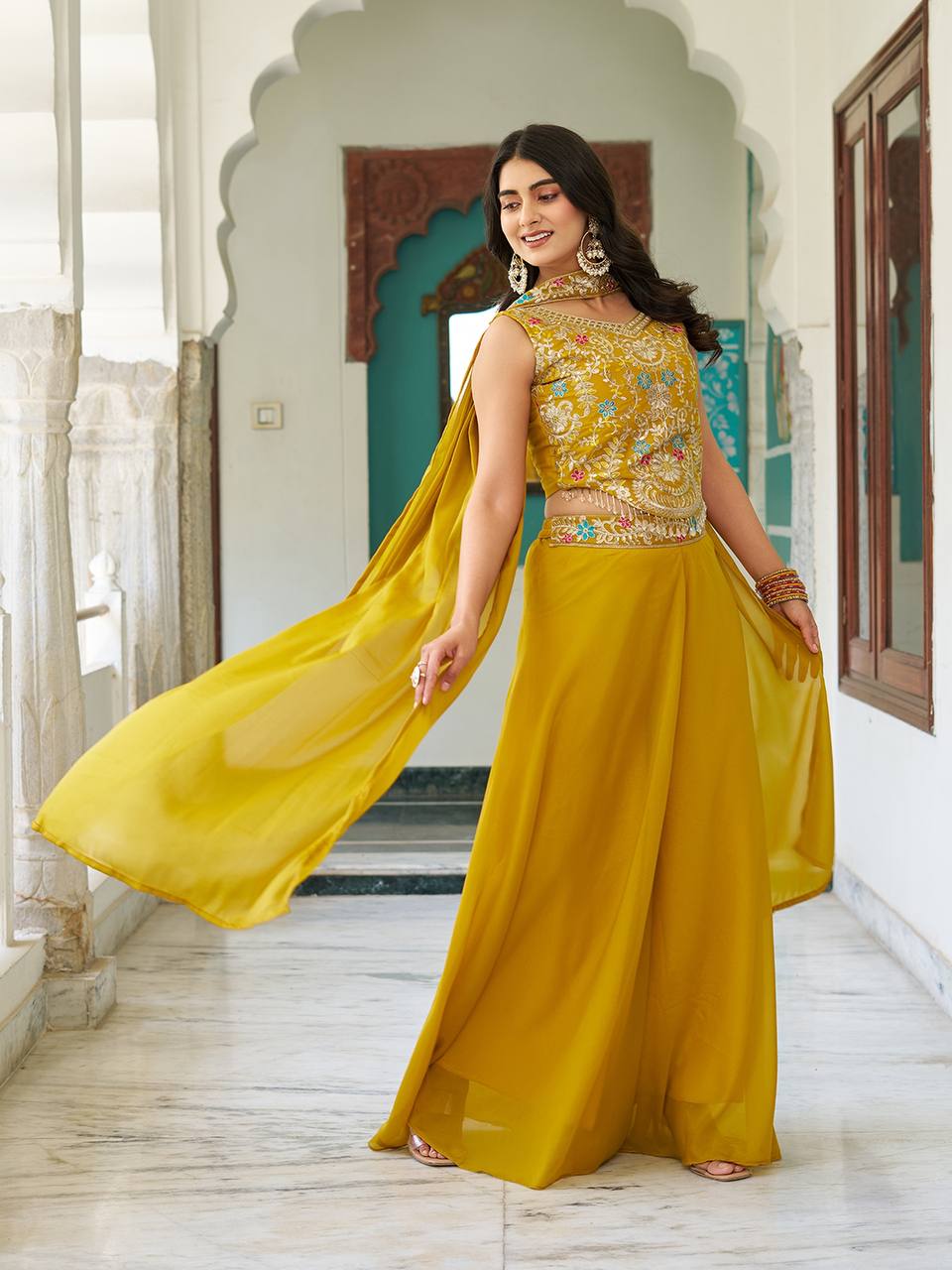 Designer Star Georgette Blouse Palazzo with Cording Sequence Embroidery Dupatta - Fully Stitched