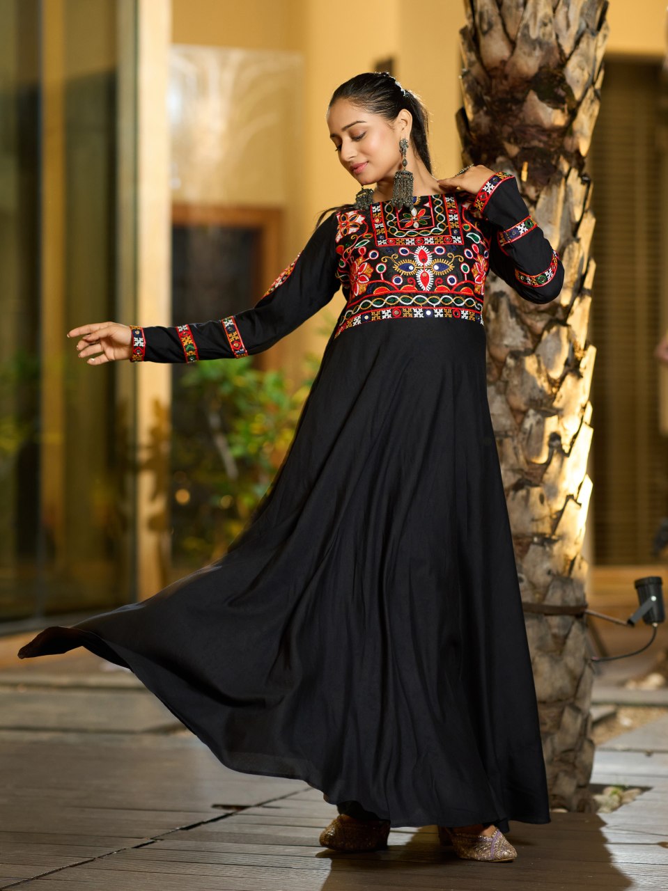 Navratri Special Black Embroidered Rayon Gown with Original Mirror Work