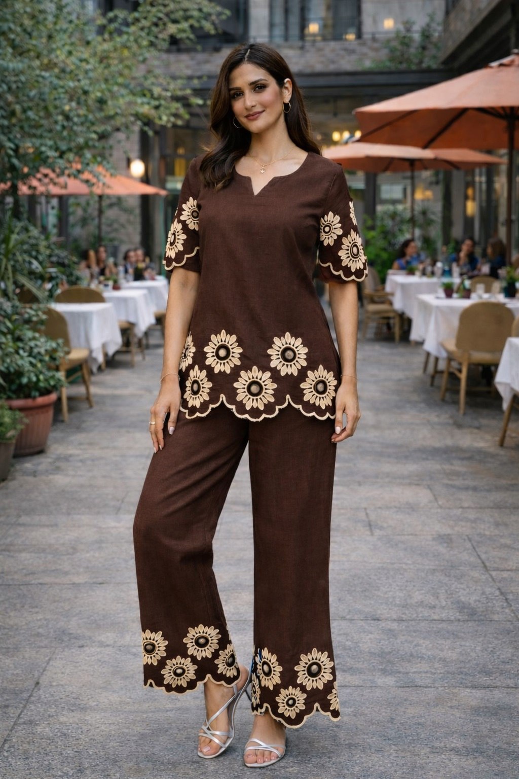Women's Cotton Embroidered Chain Stitch Co-Ord Set with V-Neck Top and Pant - Fully Stitched