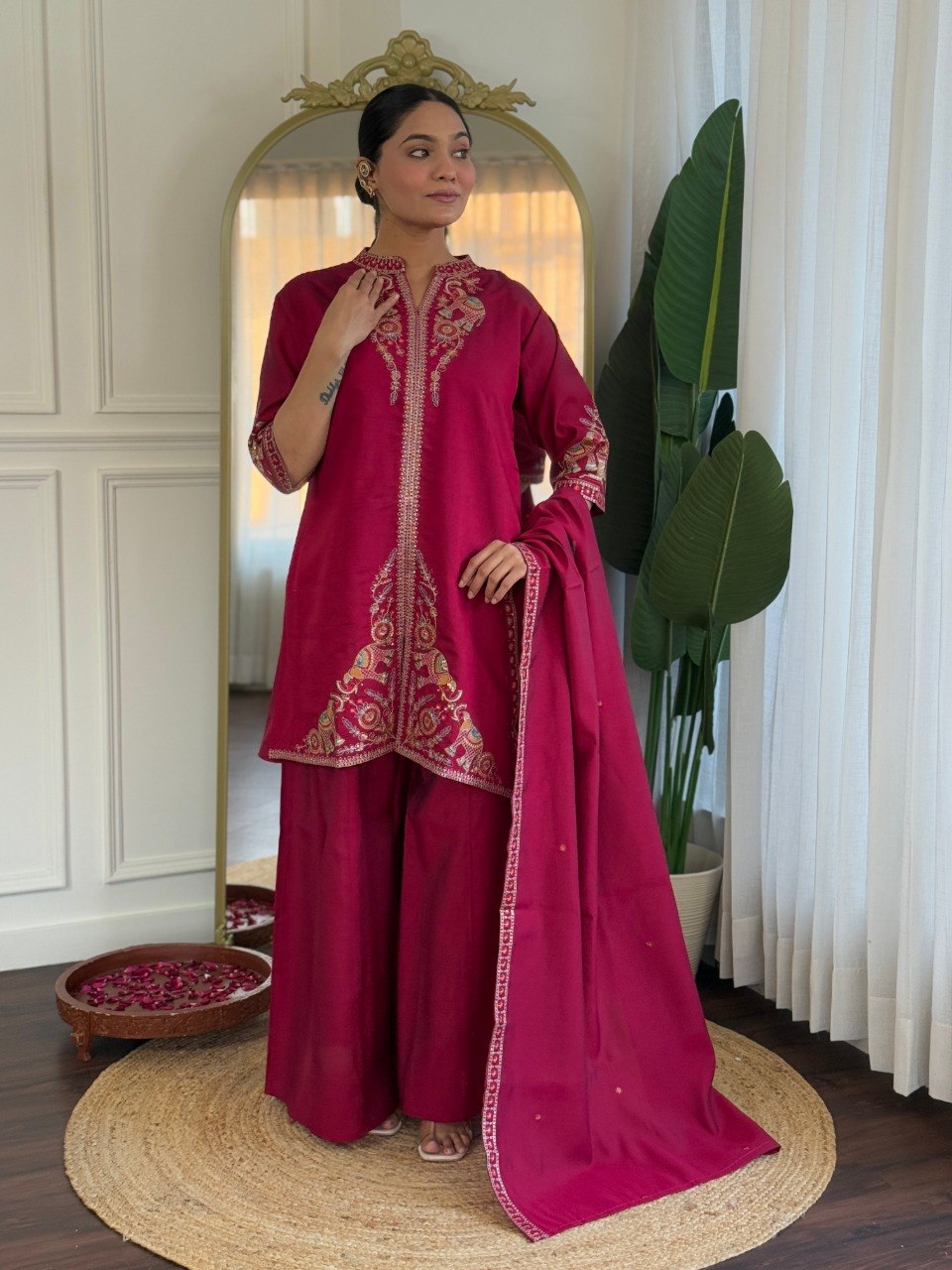 Stylish PV Chanderi Embroidered Kurta Palazzo Set with Dupatta for Party Wear - Fully Stitched