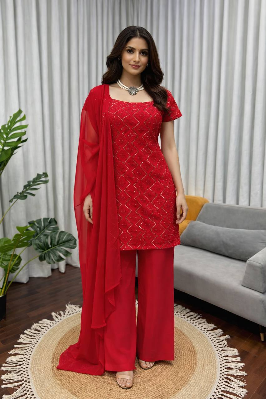 NEW DESIGNER HEAVY FUAX GEORGETTE SHARARA SUIT SET