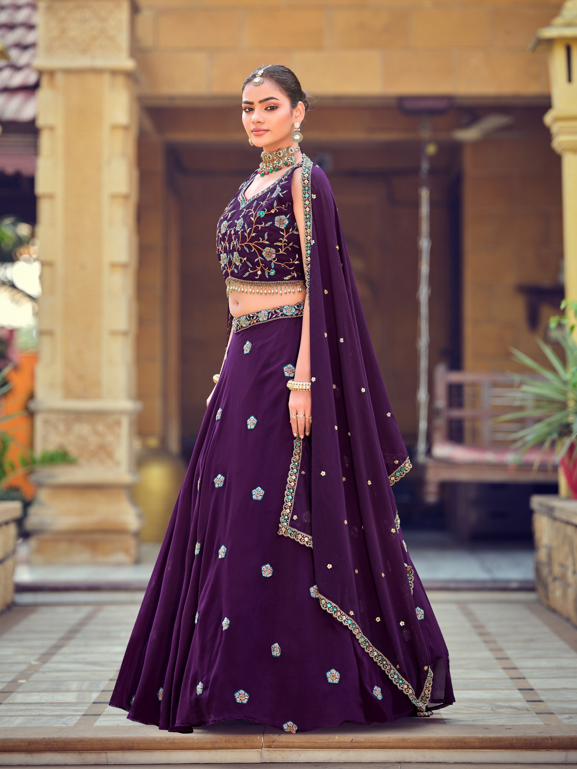 Royal Purple Georgette Lehenga Choli with Embroidered Beads Work and Designer Dupatta