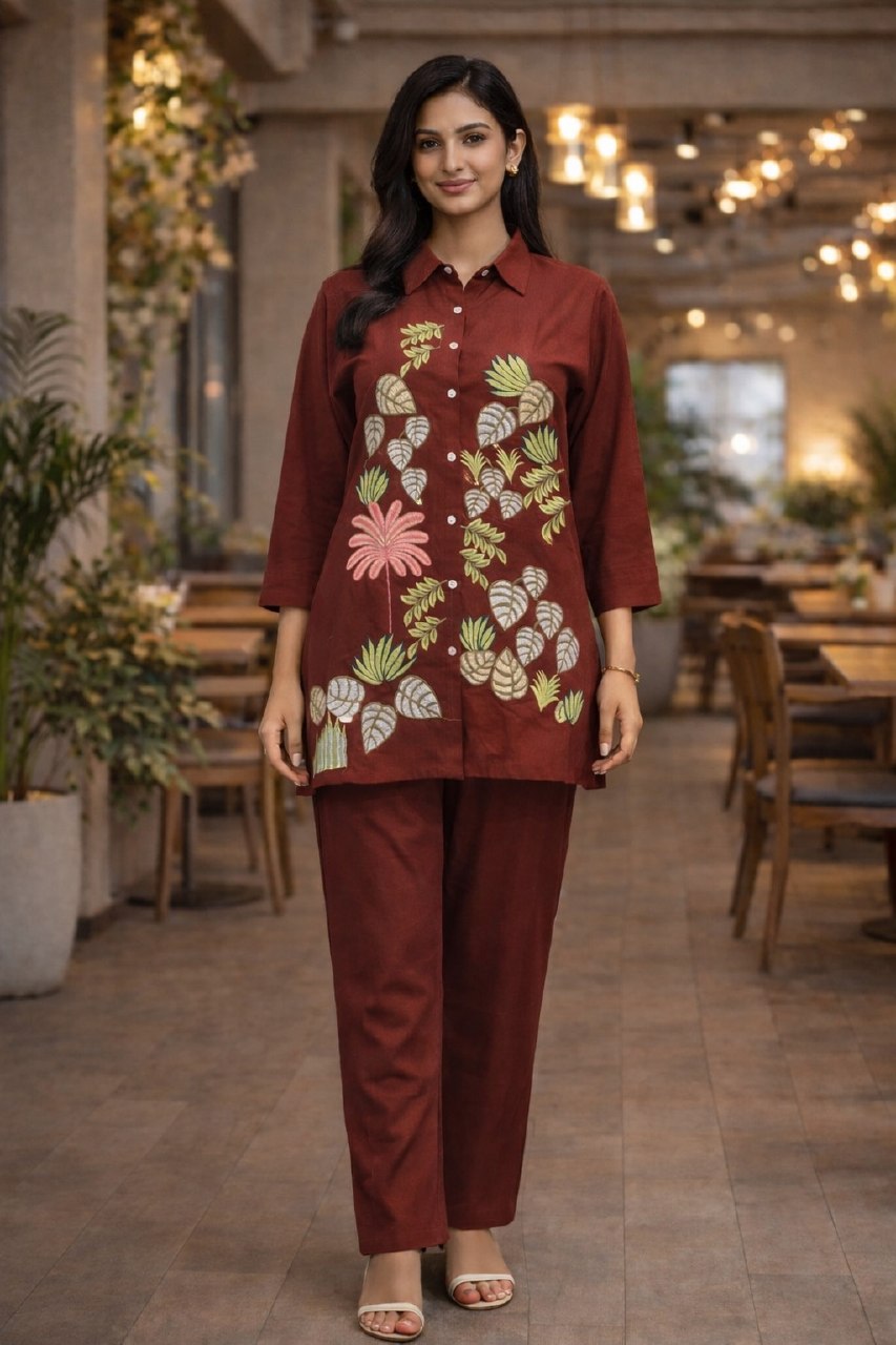 Women's Cotton Embroidered Co-Ord Set with Shirt Collar Top and Pant - Fully Stitched