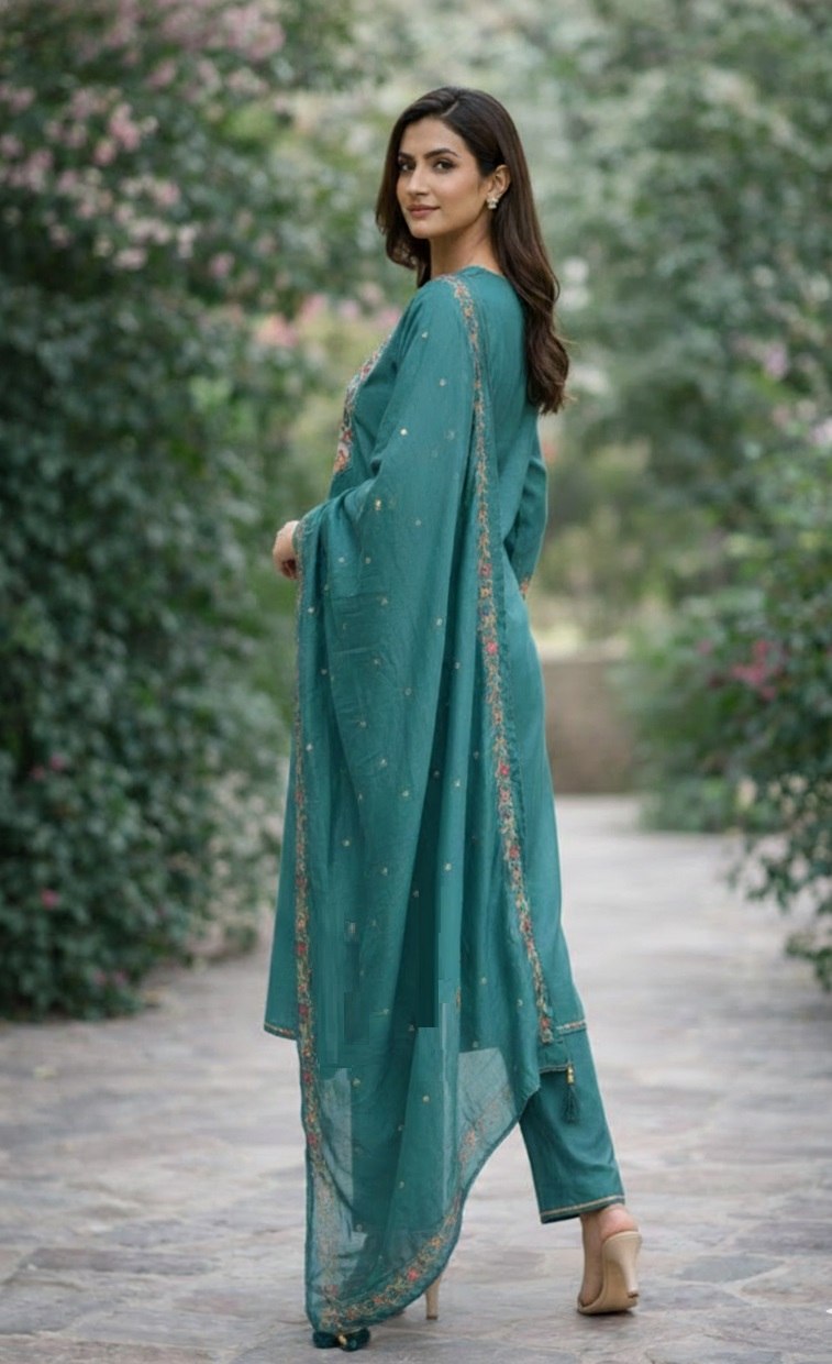 Designer Cotton Silk Embroidered Kurti Pant Set with Dupatta - Fully Stitched