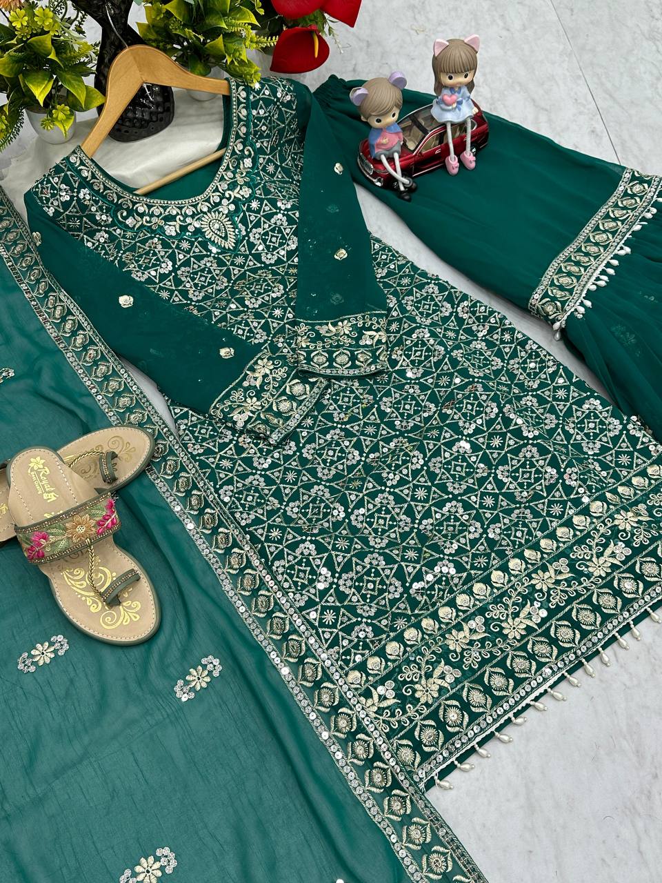 Designer Party Wear Embroidered Sharara Suit Set with Dupatta - Fully Stitched