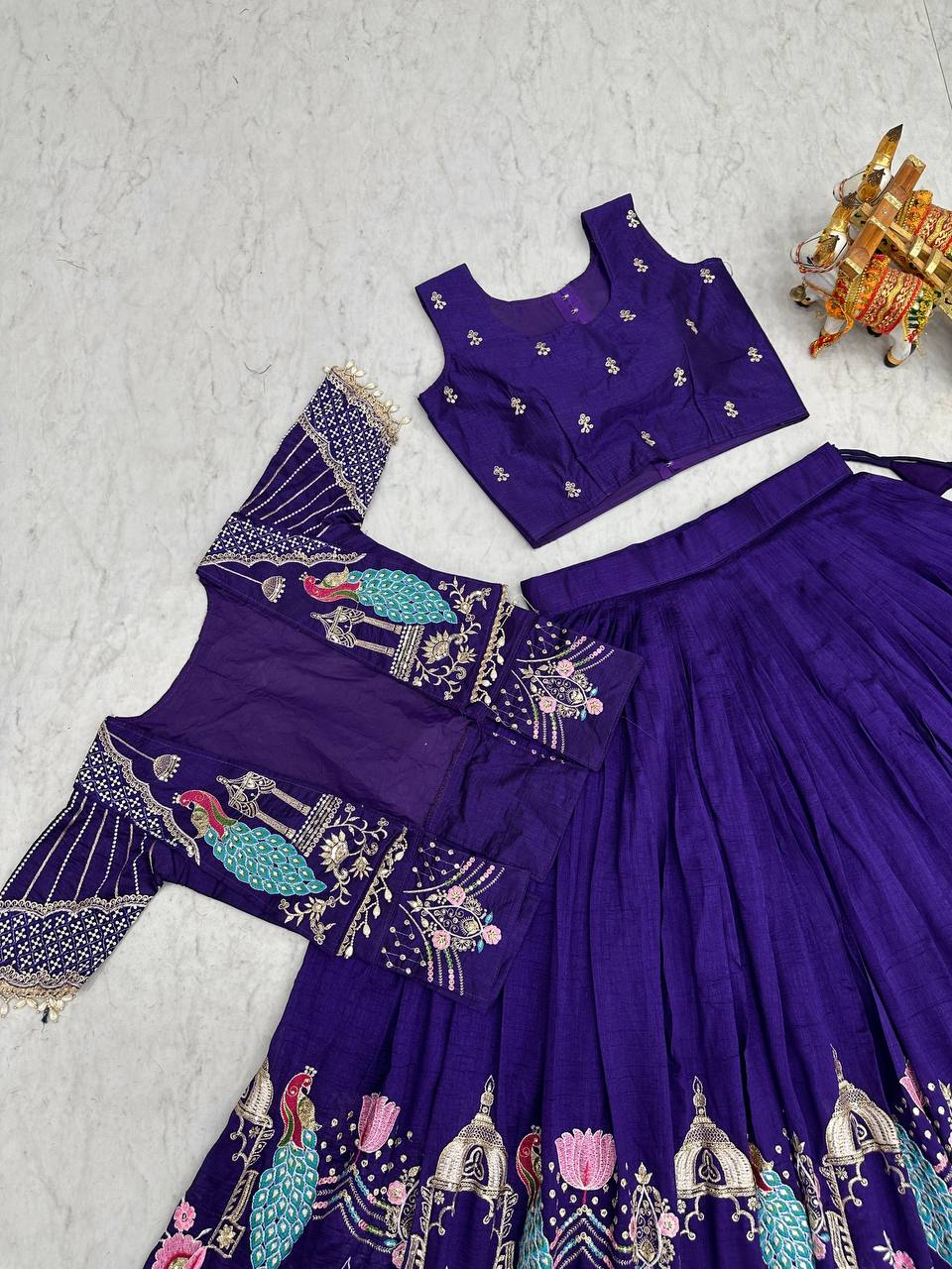 Festival Collection Pure Vichitra Lehenga Choli with Embroidered Koti - Fully Stitched