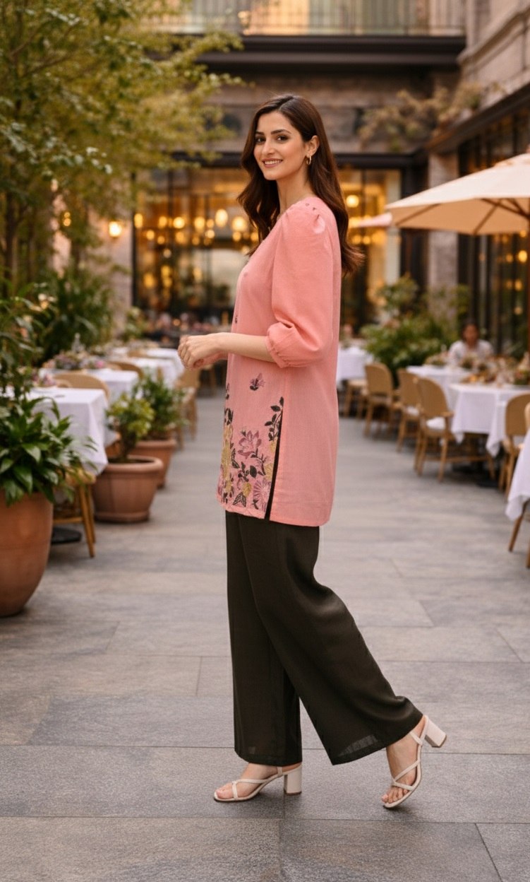 Women's Peach Poly Linen Cotton Embroidered Co-Ord Set with Round Neck Top and Pant0 - Fully Stitched