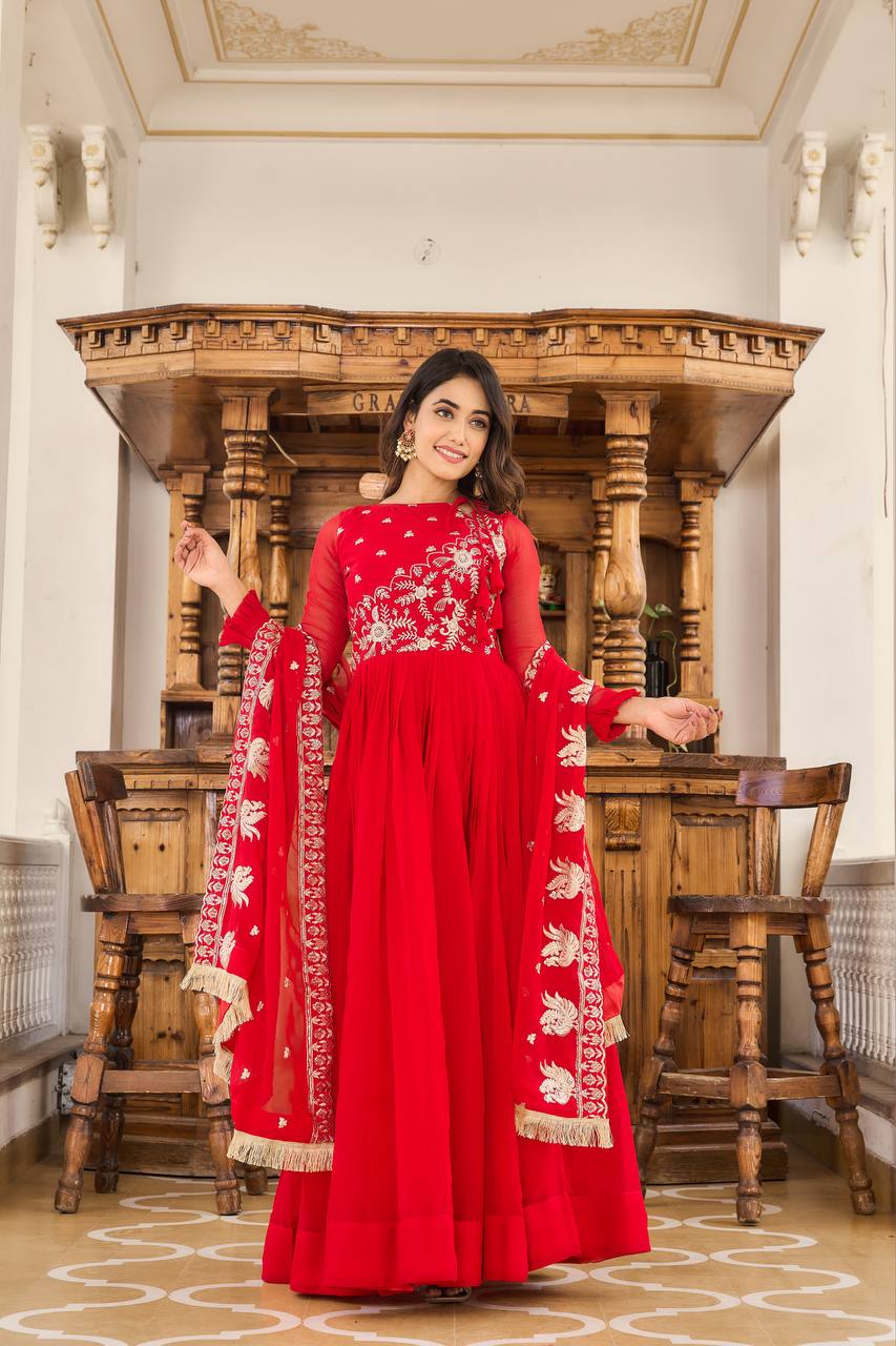 New Festival Collection Fox Georgette Long Gown with Heavy 3MM Sequence Embroidery Dupatta - Fully Stitched