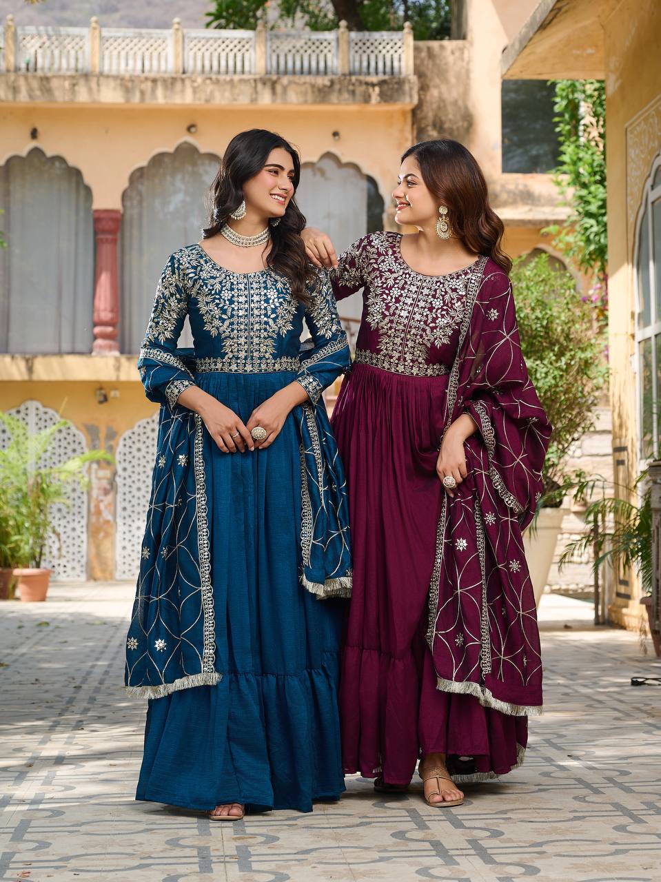 New Festival Collection Vichitra Silk Long Gown with Heavy 7MM Sequence Embroidery Dupatta - Fully Stitched