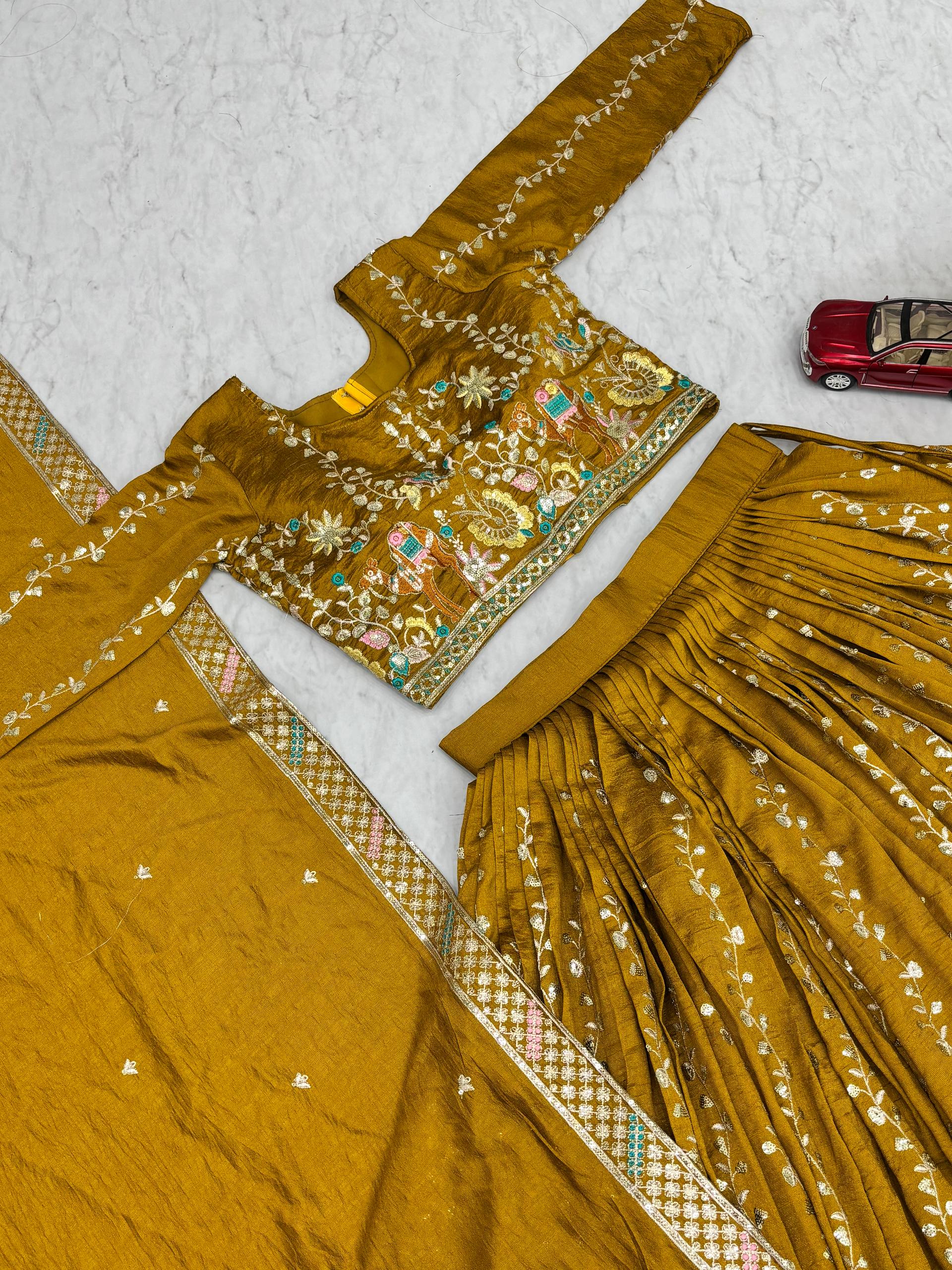 Festival Collection Vichitra Lehenga Choli with Heavy Embroidery Sequence Work - Fully Stitched