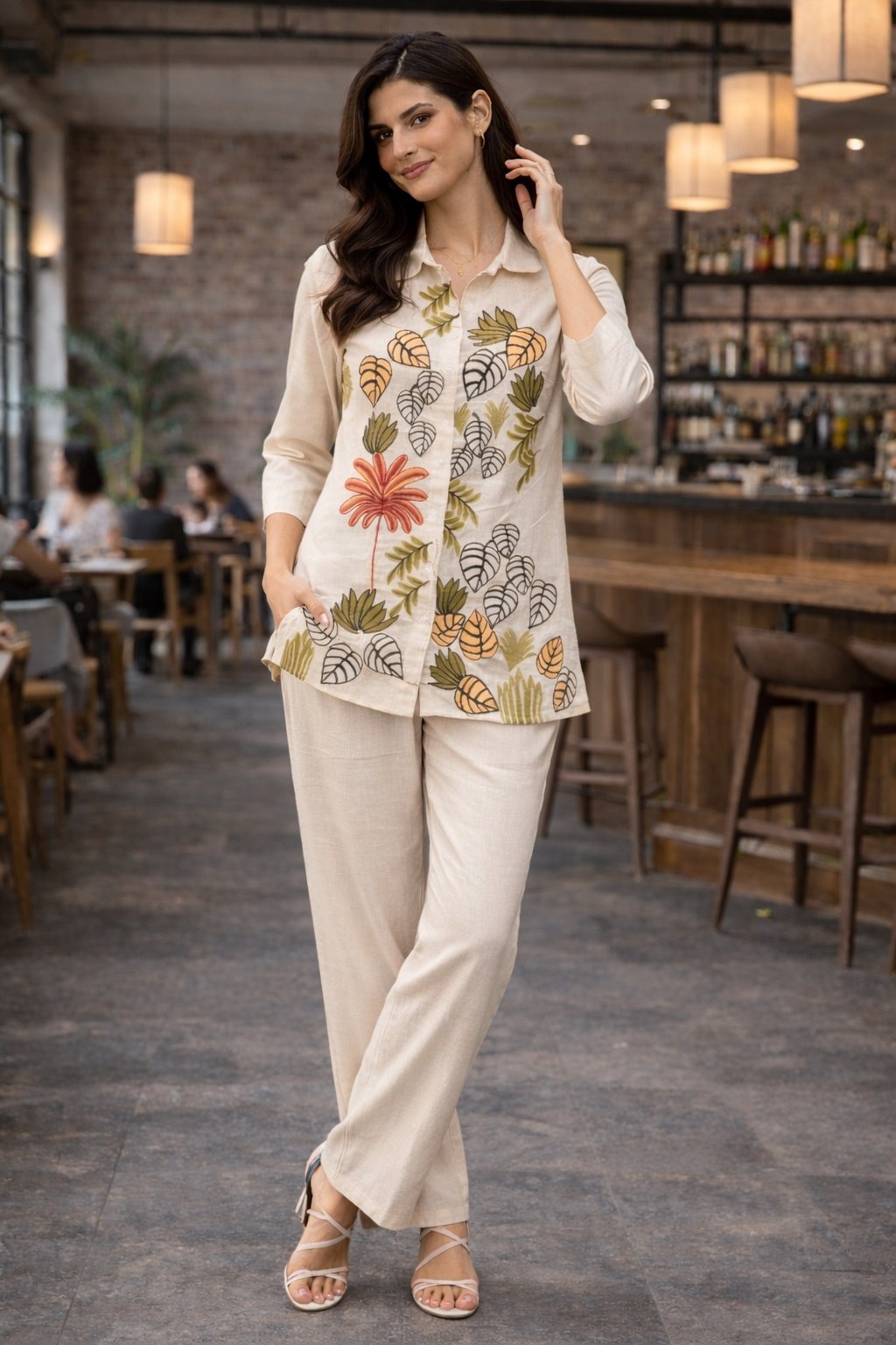 Women's Cotton Embroidered Co-Ord Set with Shirt Collar Top and Pant - Fully Stitched