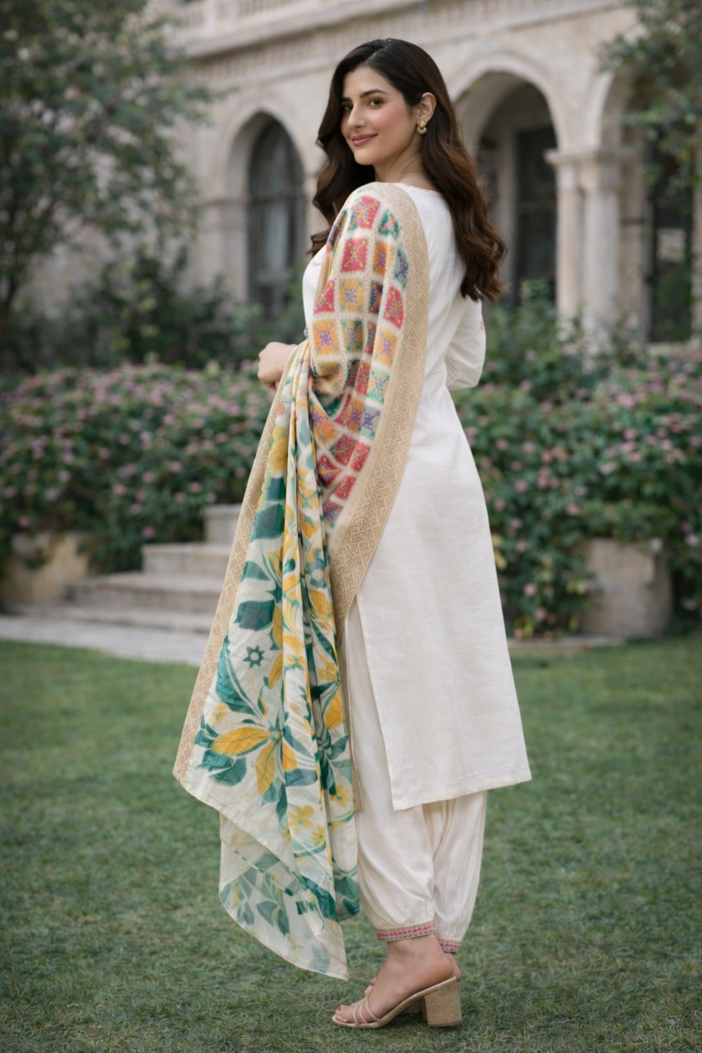 Designer White Embroidered Kurti Pant Set with Digital Print Dupatta - Fully Stitched