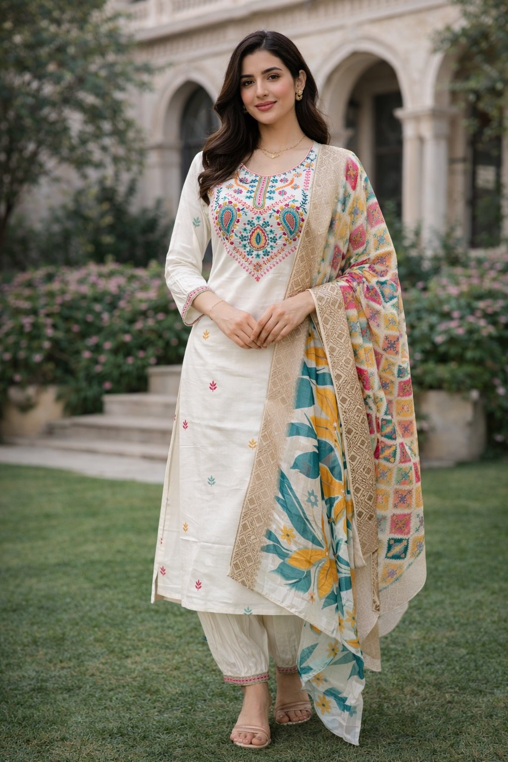Designer White Embroidered Kurti Pant Set with Digital Print Dupatta - Fully Stitched