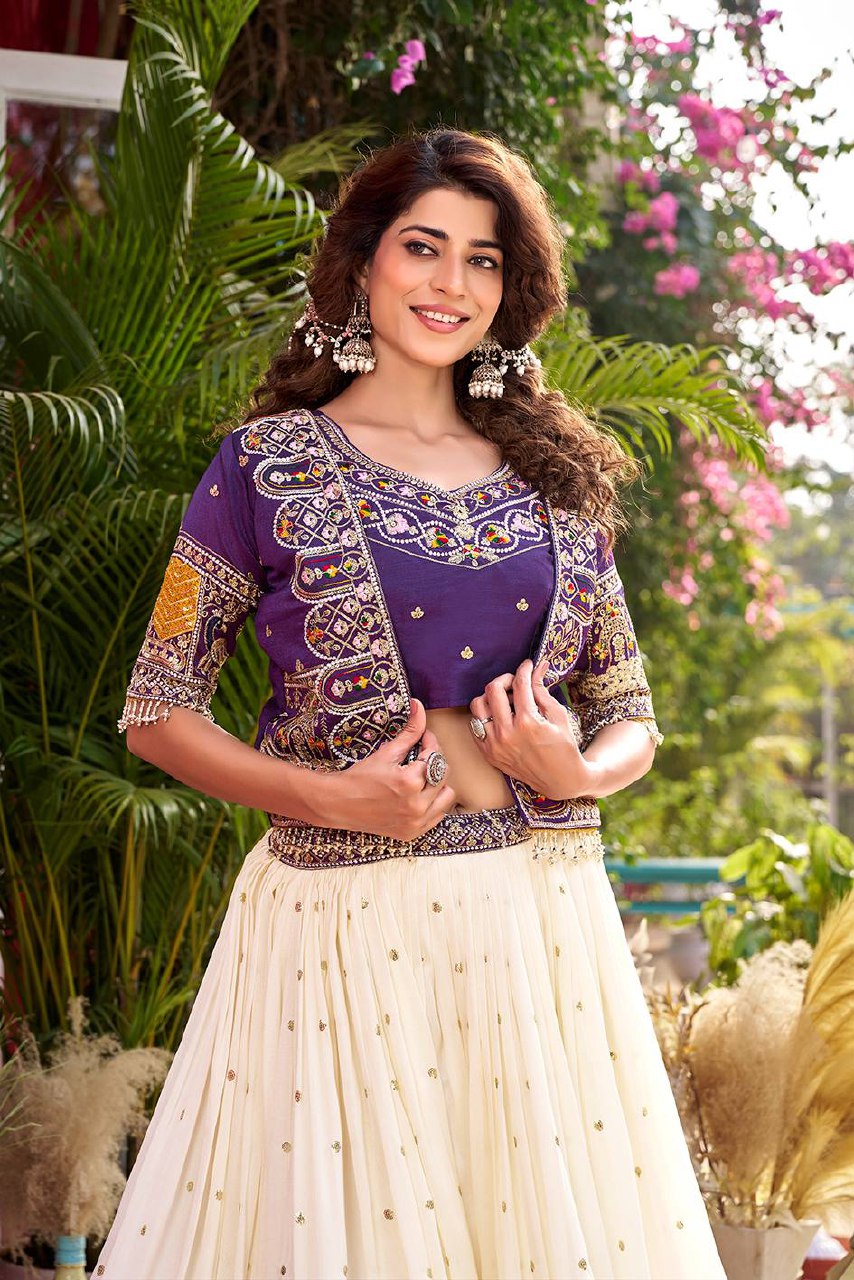 Festival Collection Pure Vichitra Lehenga Choli with Embroidered Koti - Fully Stitched