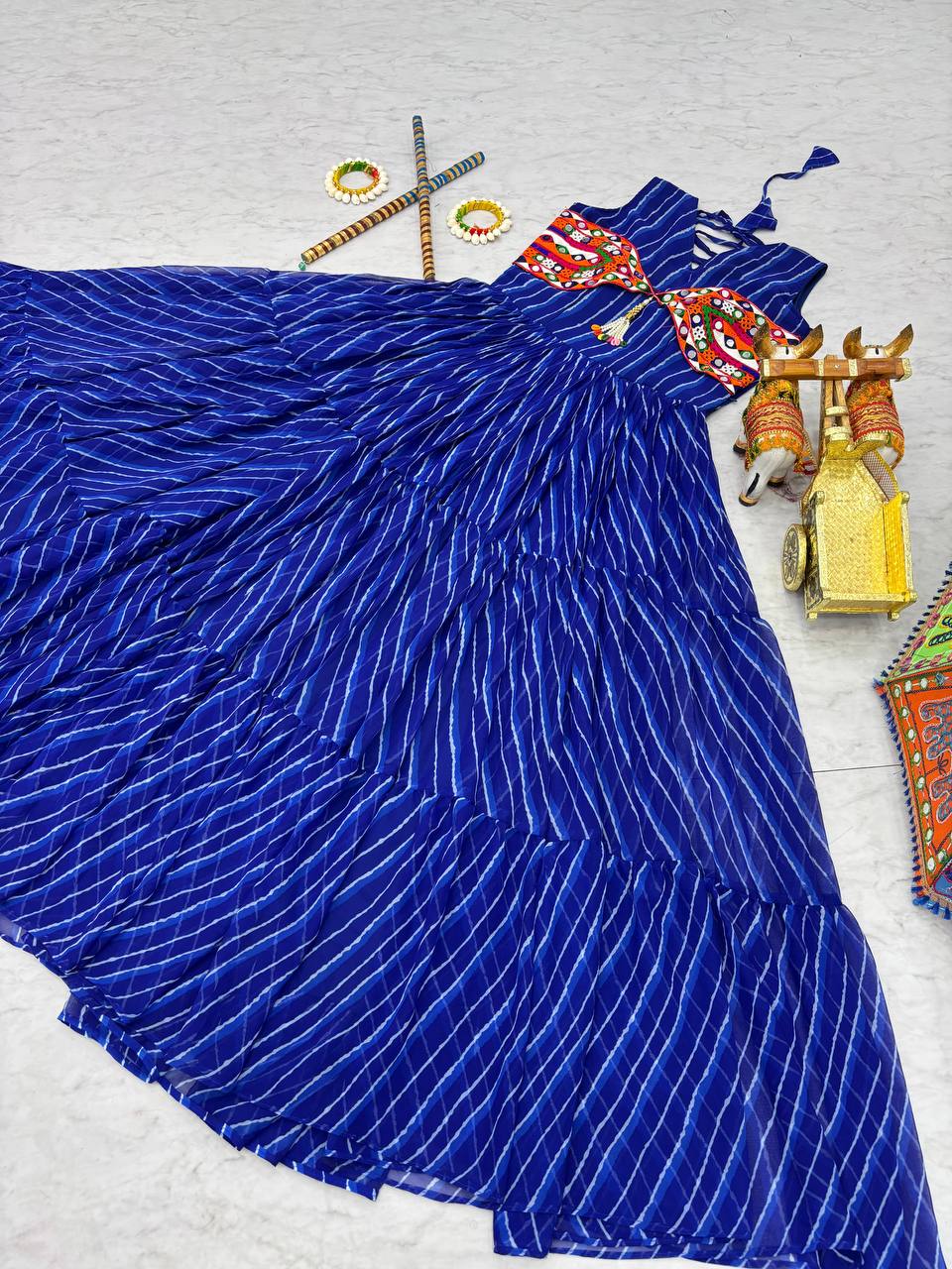 Navratri Special Bandhani Print Georgette Gown with Gamathi Work and Real Mirror - Fully Stitched