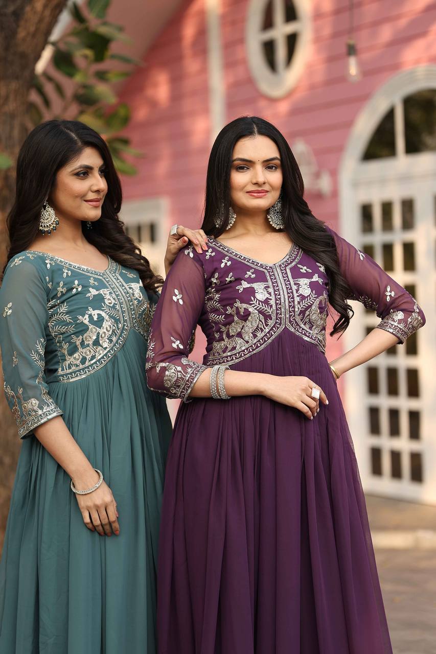 New Festival Collection Fox Georgette Long Gown with Heavy 3MM Sequence Work - Fully Stitched