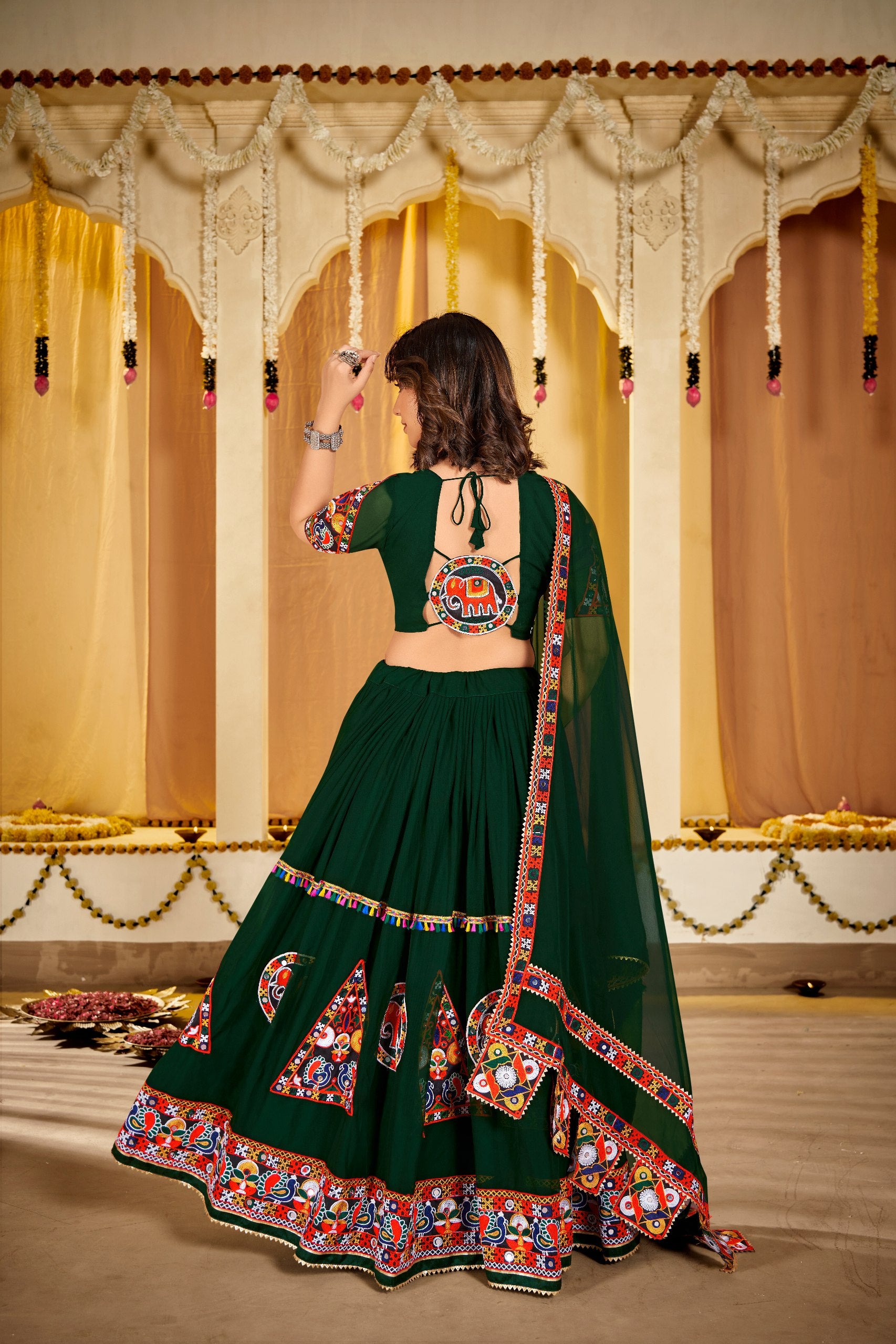 Navratri Special Green Georgette Chaniya Choli with Traditional Kutchi Mirror Work