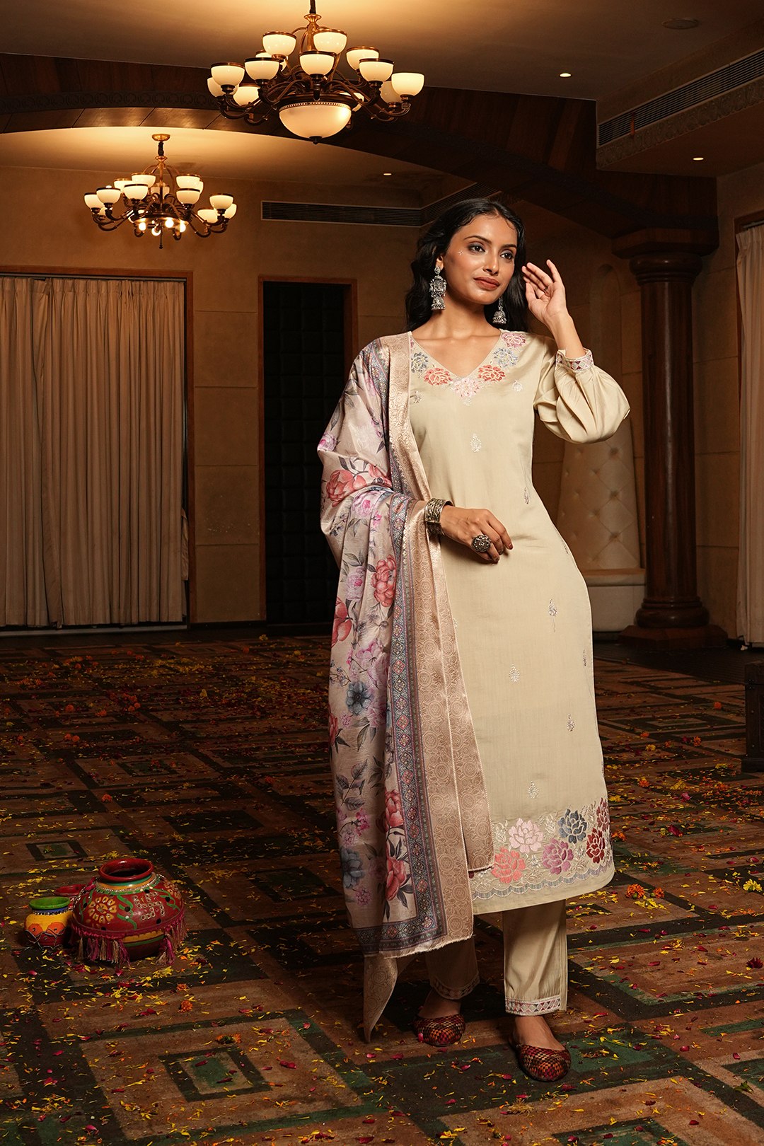 Designer Embroidered Kurta Pant Set with Printed Dupatta Perfect For Wedding Function