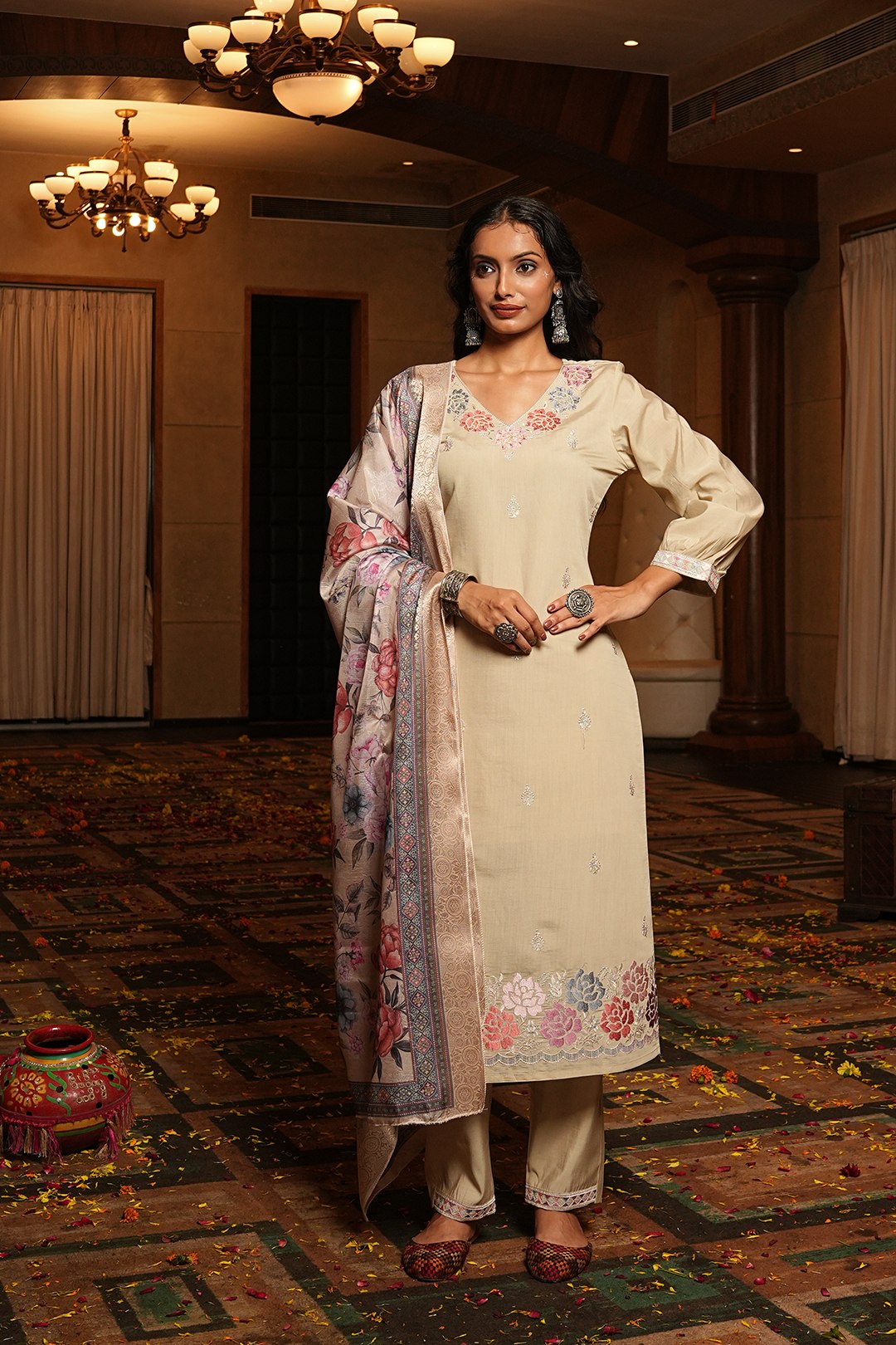 Designer Embroidered Kurta Pant Set with Printed Dupatta Perfect For Wedding Function