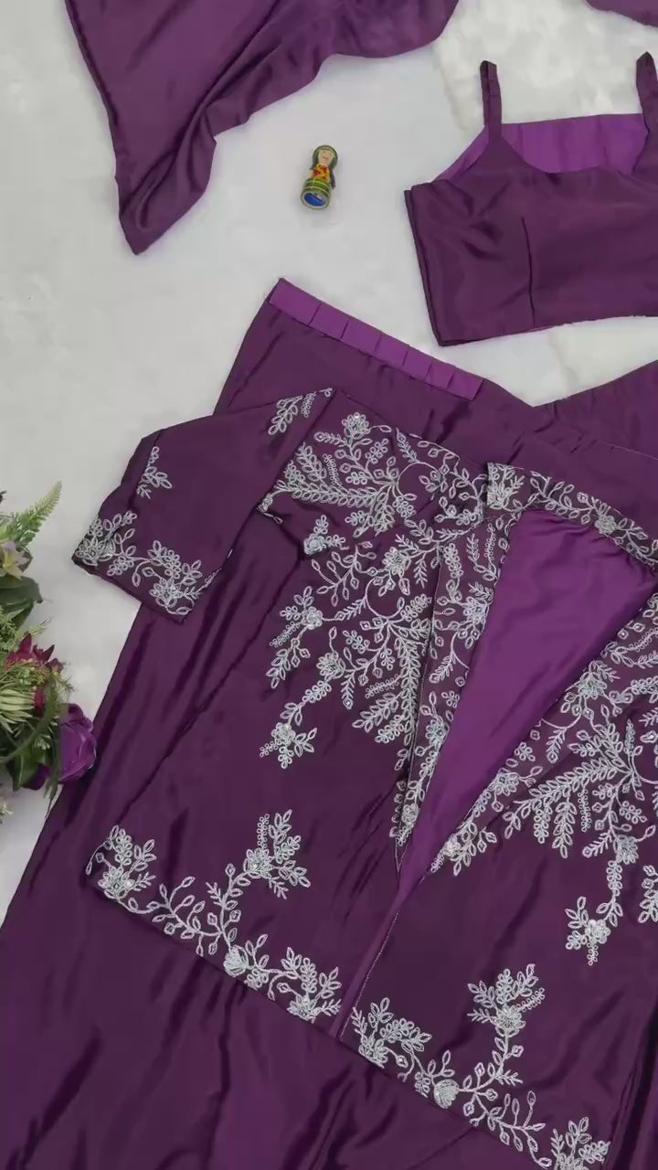 Premium Chinon Indo-Western Ready-to-Wear Saree with Embroidered Koti & Waist Belt | Designer Wedding, Party & Festive Wear Collection HE-BUY-(D)-1090
