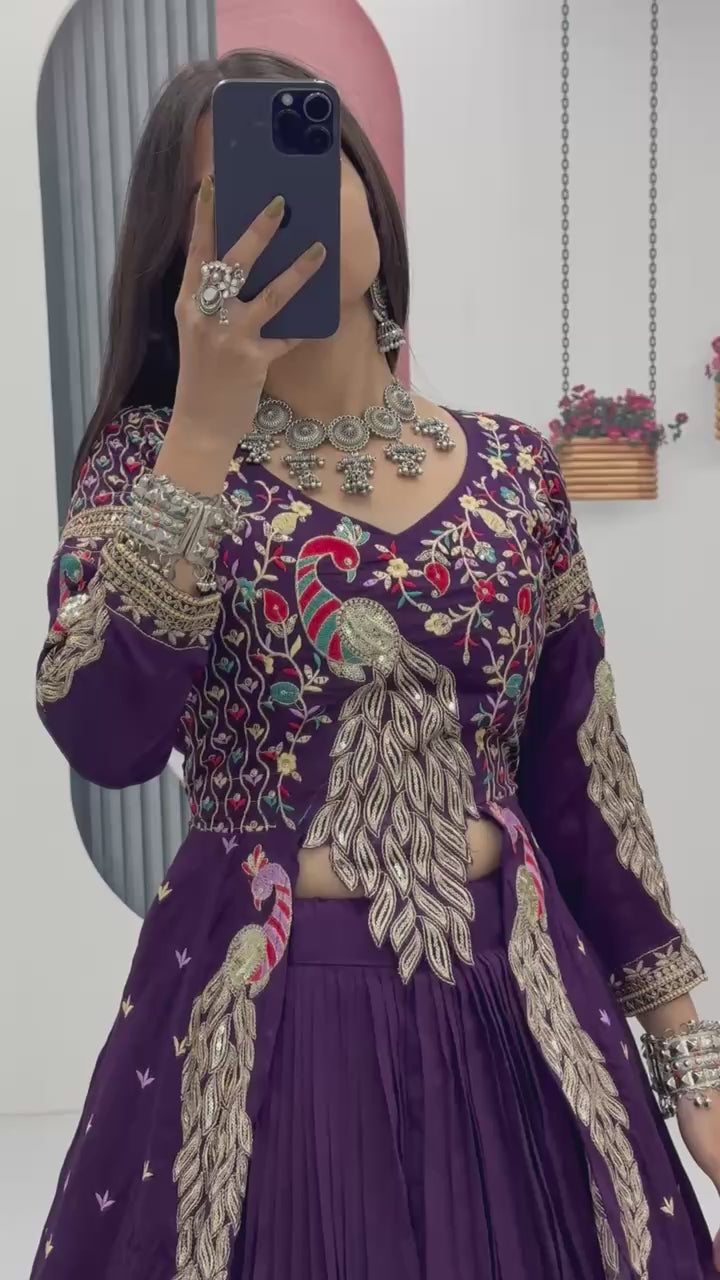 Premium Pure Vichitra Festival Special Crop Top with Lehenga & Shrug Set for Women | Heavy Thread & Sequence Work | Designer Party & Wedding Wear Collection