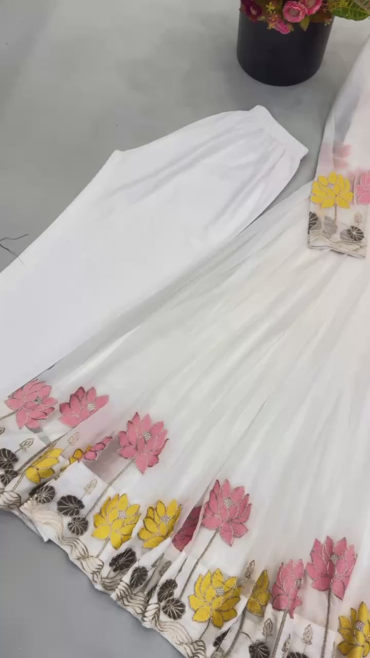 Designer Faux Georgette Gown with Pant & Dupatta | Heavy Embroidery Work | 7 Meter Flair | Full Sleeves | Fully Stitched Ready-to-Wea HE-(AD)-911